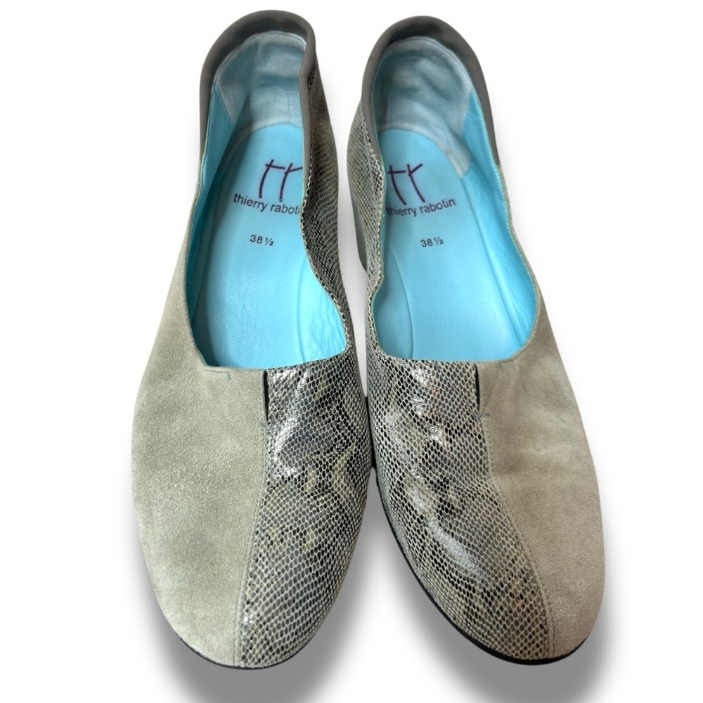 Thierry Rabotin Gray Suede Snake Skin Mixed Leather Wedge Slip on Shoes Size 8.5